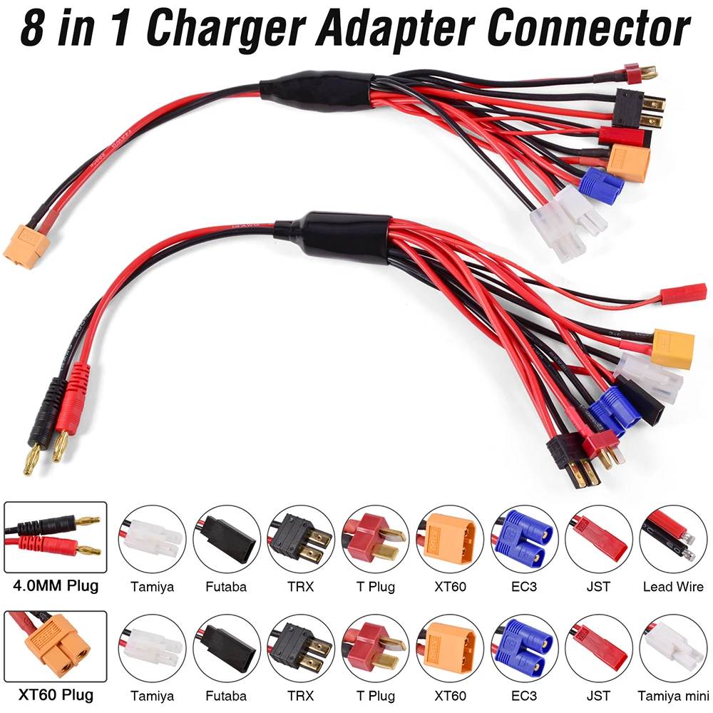 

RC Charger Adapter Connector 8 In 1 Charger 4.0mm Banana/XT60 TRX Tamiya Lipo for RC Car Drone Imax B6 B6AC Battery Connector