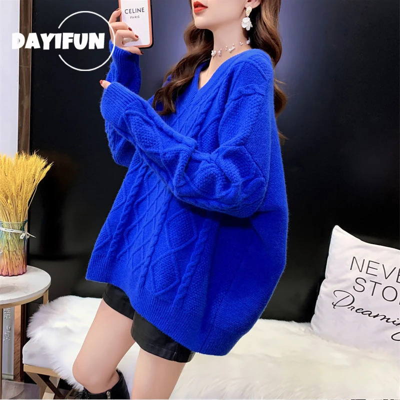 

DAYIFUN V-neck Oversized Sweaters Women's Klein Blue Loose Lazy Knitted Pullovers Western Style Bottoming Jumpers Tops Female