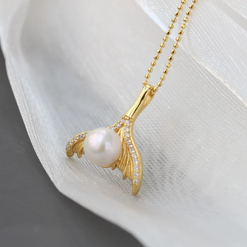 

Authentic 925 Sterling Silver Inlaid Natural Freshwater Pearl Fish Tail Pendant Women 18K Gold Plated Trendy Fine Jewelry Gift