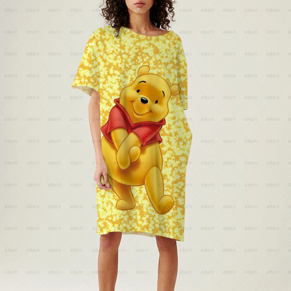 

Woman Korean Kpop Summer Beach Mini Dress Short Sleeve Dresses Casual Loose Female Disney Winnie the Pooh t-shirt dress For 2022