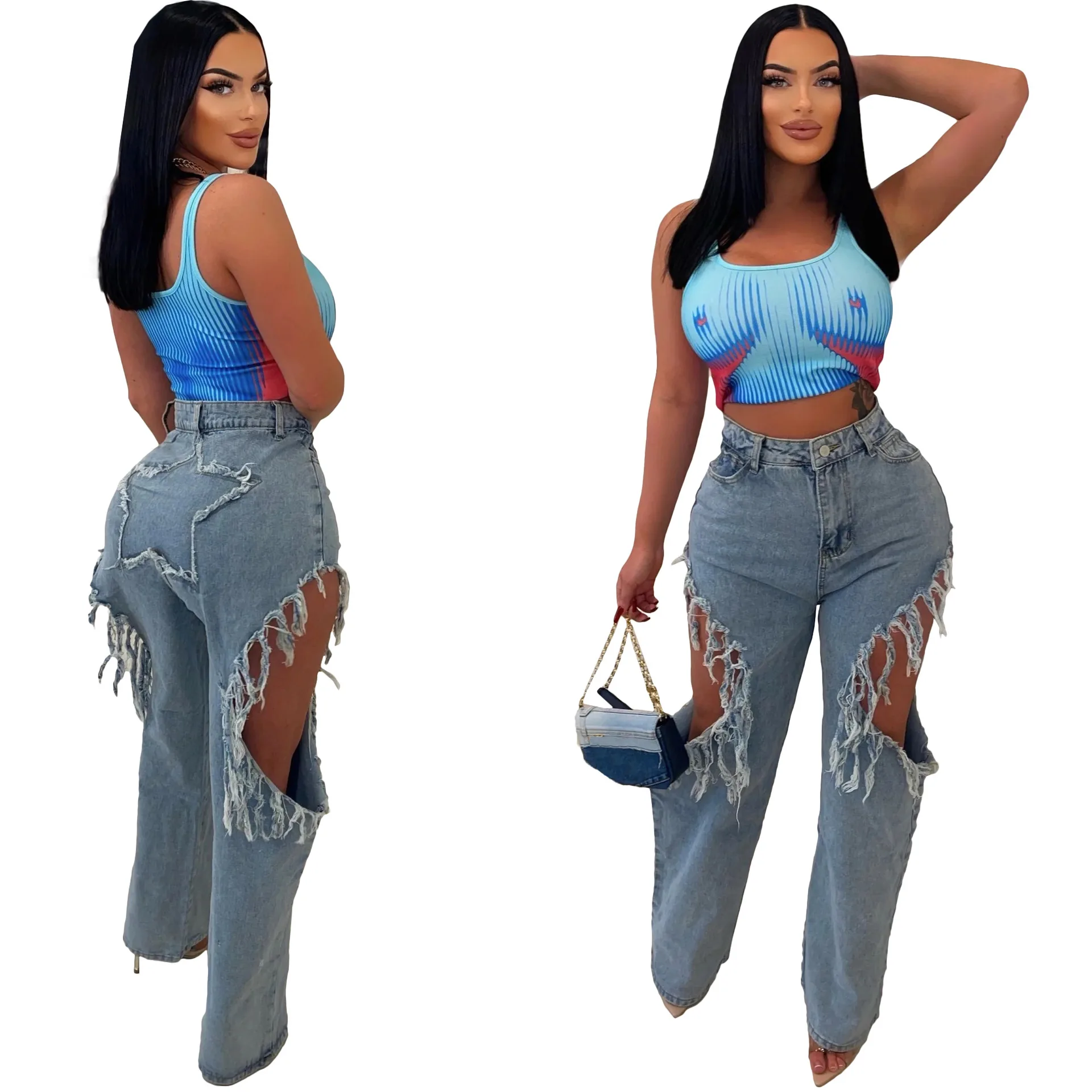 

Straight Jeans 2023 New Summer INS Street Denim Pants Trousers Women Fashion Ripped Cutout Tassel Star Back Zipper Fly