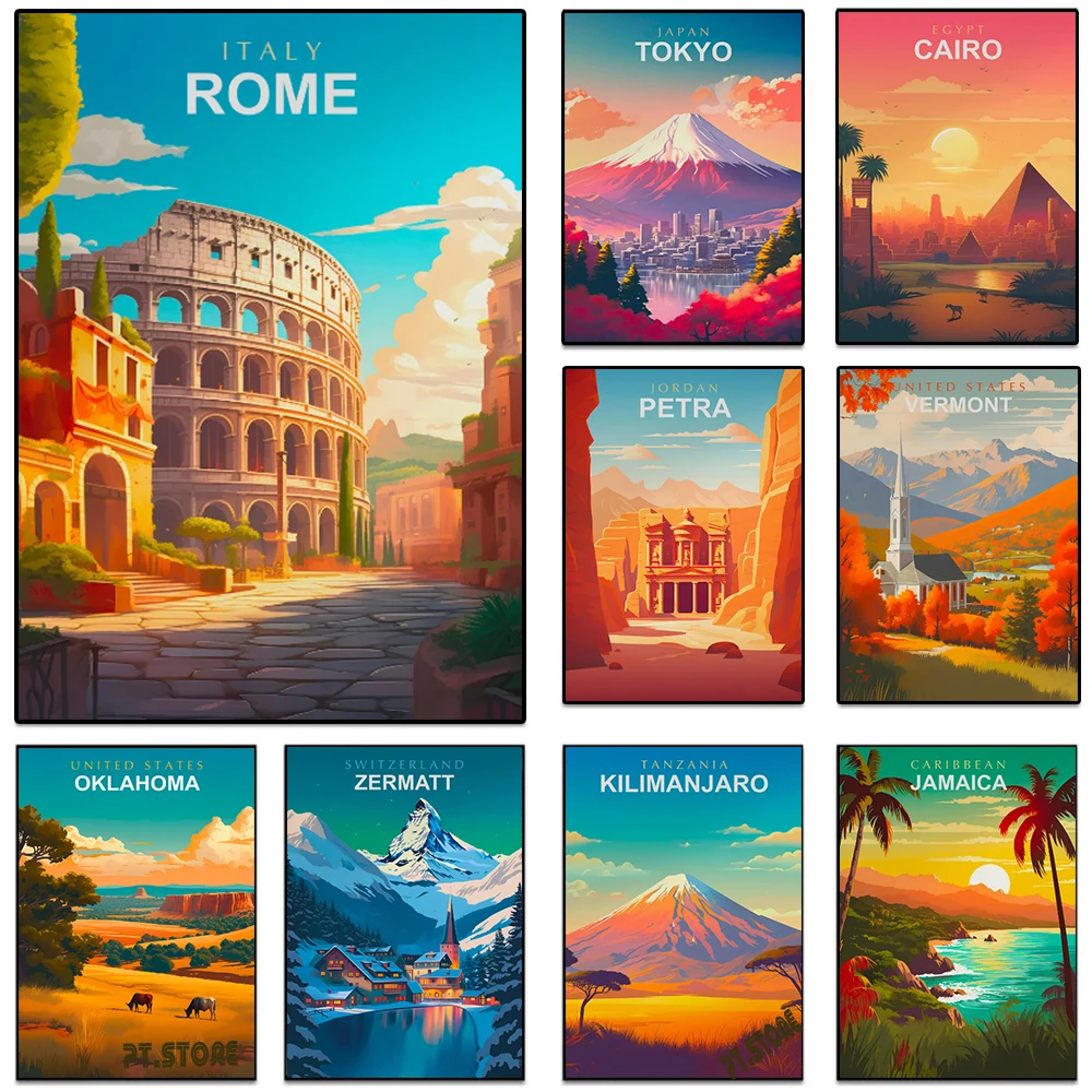 

World Travel Cities Posters Prints Rome Japan Paris Travel Landmark Landscape Canvas Painting Wall Art Living Room Home Decor