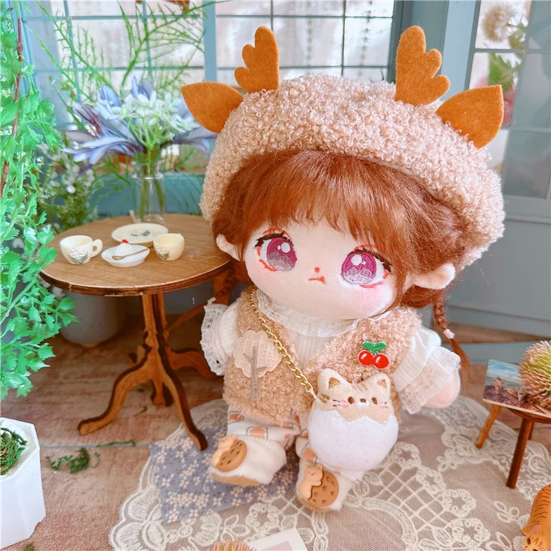

Human Cotton Doll 20cm Baby Clothes Teddy Cherry Deer Vest Hat Doll Dress Up