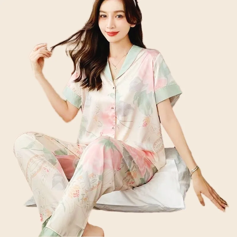 Pajamas For Women Rayon Pajama Pants Sexy Flower Print Nighty Short Sleeve T-Shirt Long Pants 2Piece/Set Homewear Cozy Big Size