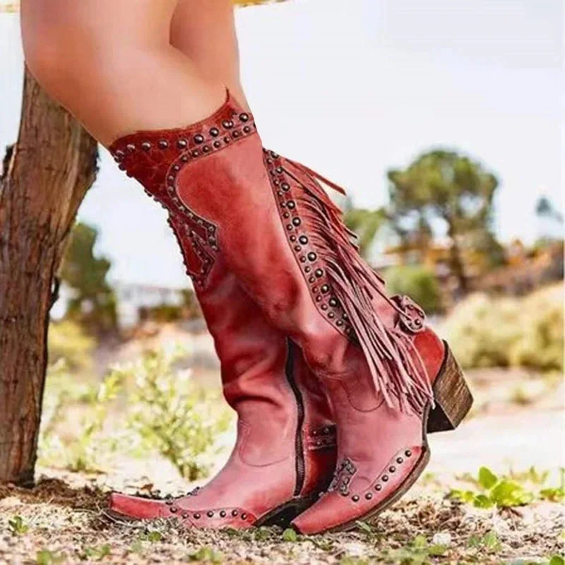 

35-43 Large Size Tassel High Leg Boot Chunky Heel Mid Heel Women Fashion Shoes Boots