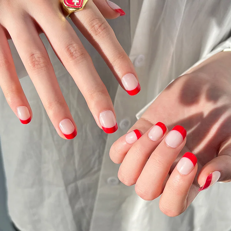 

24pcs Short Square Coffin False Nails Wearable Red Side French Ballerina Fake Nails Full Cover Nail Tips Press On Nails