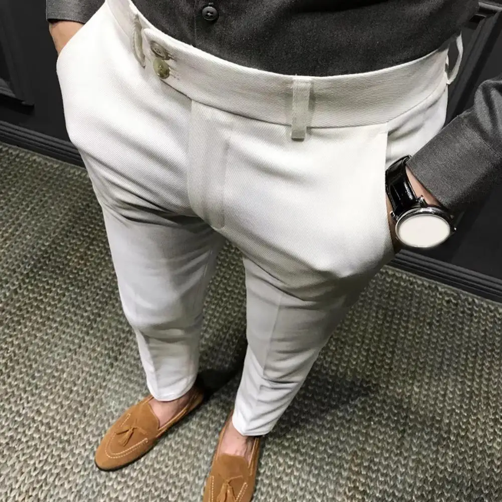 

Zipper Chic Anti-wrinkle Mid Waist Men Ninth Pants Buttons Ninth Suit Pants Office Daily Clothes
