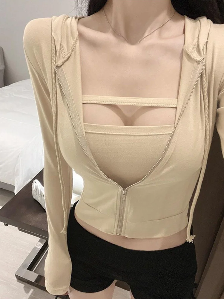 

Korea Elegant Sexy TVVOVVIN Feminine Slim Strapless Tank Tops +hooded Sweatshirt Hoodie Tops Autumn Sweatsuit Fashion E8FZ