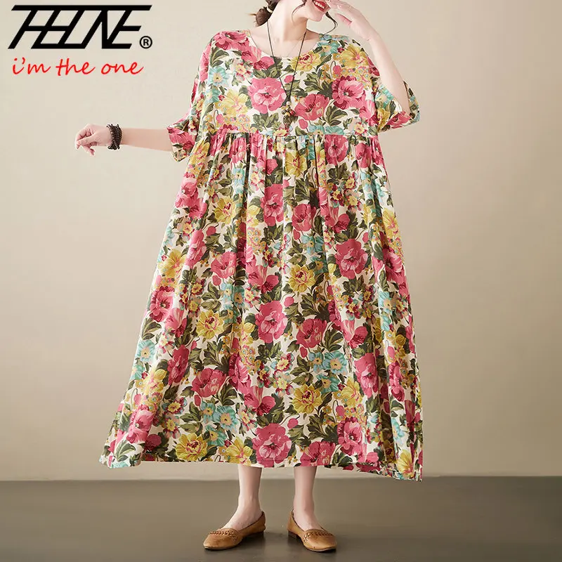 

Женское свободное платье с цветочным принтом, повседневное хлопковое винтажное платье большого размера в Корейском стиле, длинное летнее платье