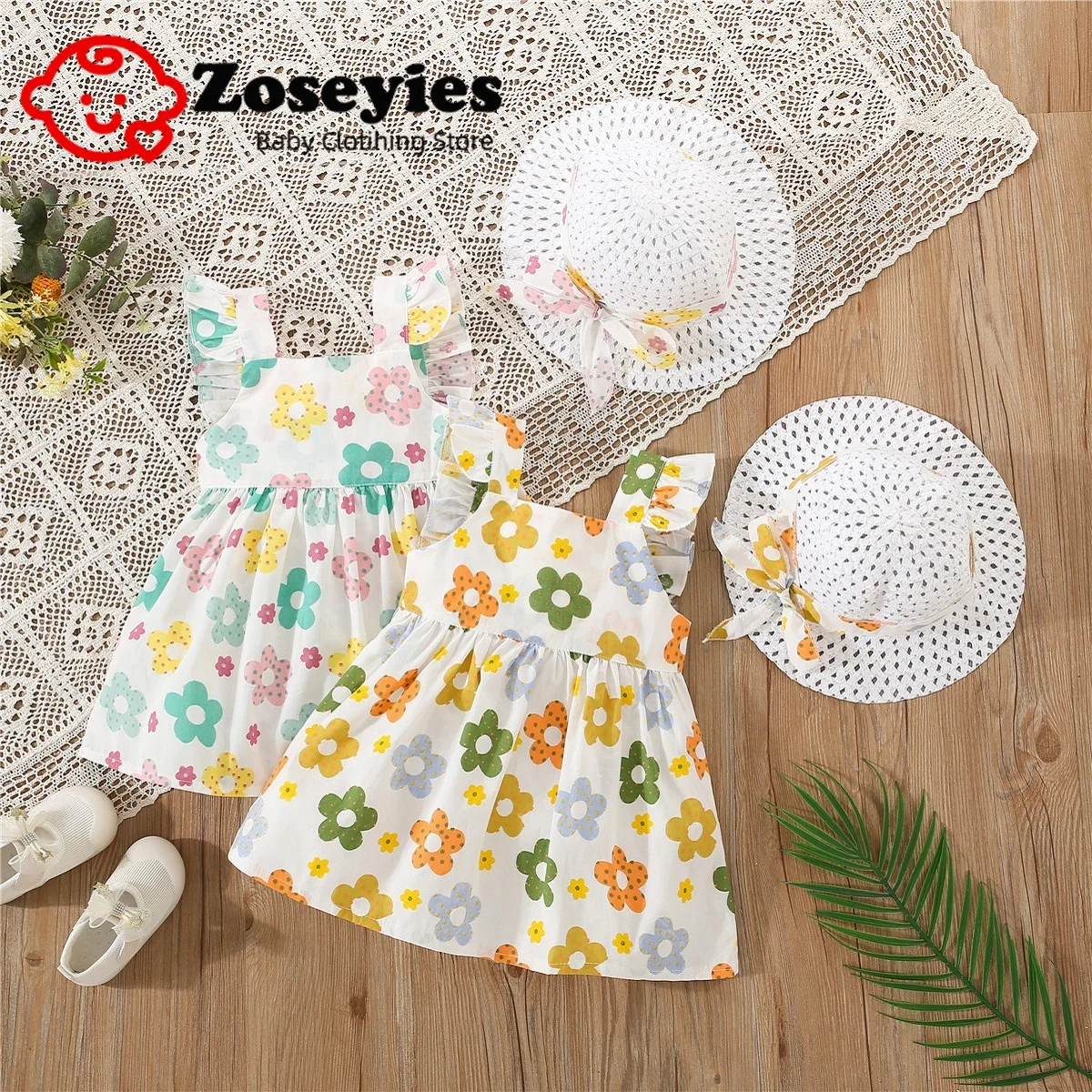 

Summer new baby dress flower sling birthday party princess dress+hat