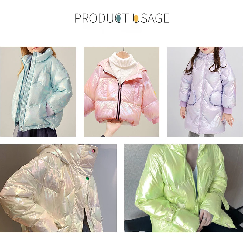 Лазерный перламутровый пуховик ткань цветная градиентная пуховая металлик
