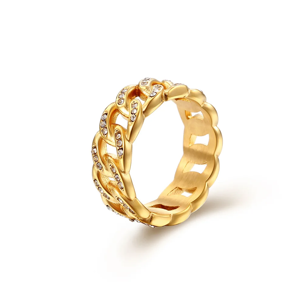 

Romantic 8mm NK Chain Rings With AAA+ Cubic Zirconia Goth Accessories Fashion Gold Color Stainless Steel Finger Jewelry 2023