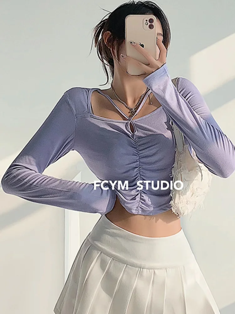 

Женская футболка с длинным рукавом, однотонная привлекательная футболка в французском стиле с квадратным вырезом и вырезами, модель 73NU