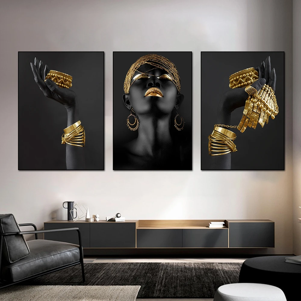 

African woman wall art painting art posters and prints big black woman holding gold jewelry canvas picture home decoration
