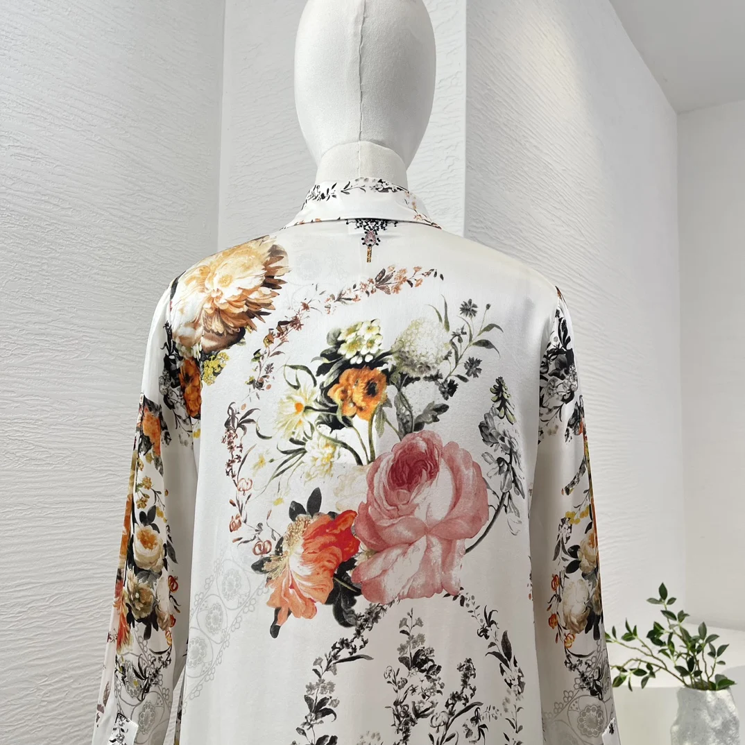 Женское шелковое платье с длинным рукавом белое мини-платье цветочным принтом