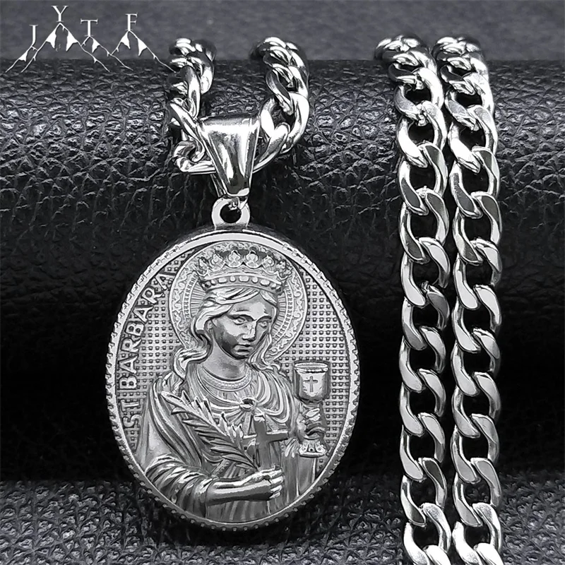 

316 Stainless Steel Saint Barbara Medallion Necklace Silver Color Pendant Men Catholic Religion Necklaces Jewelry Santa Bárbara