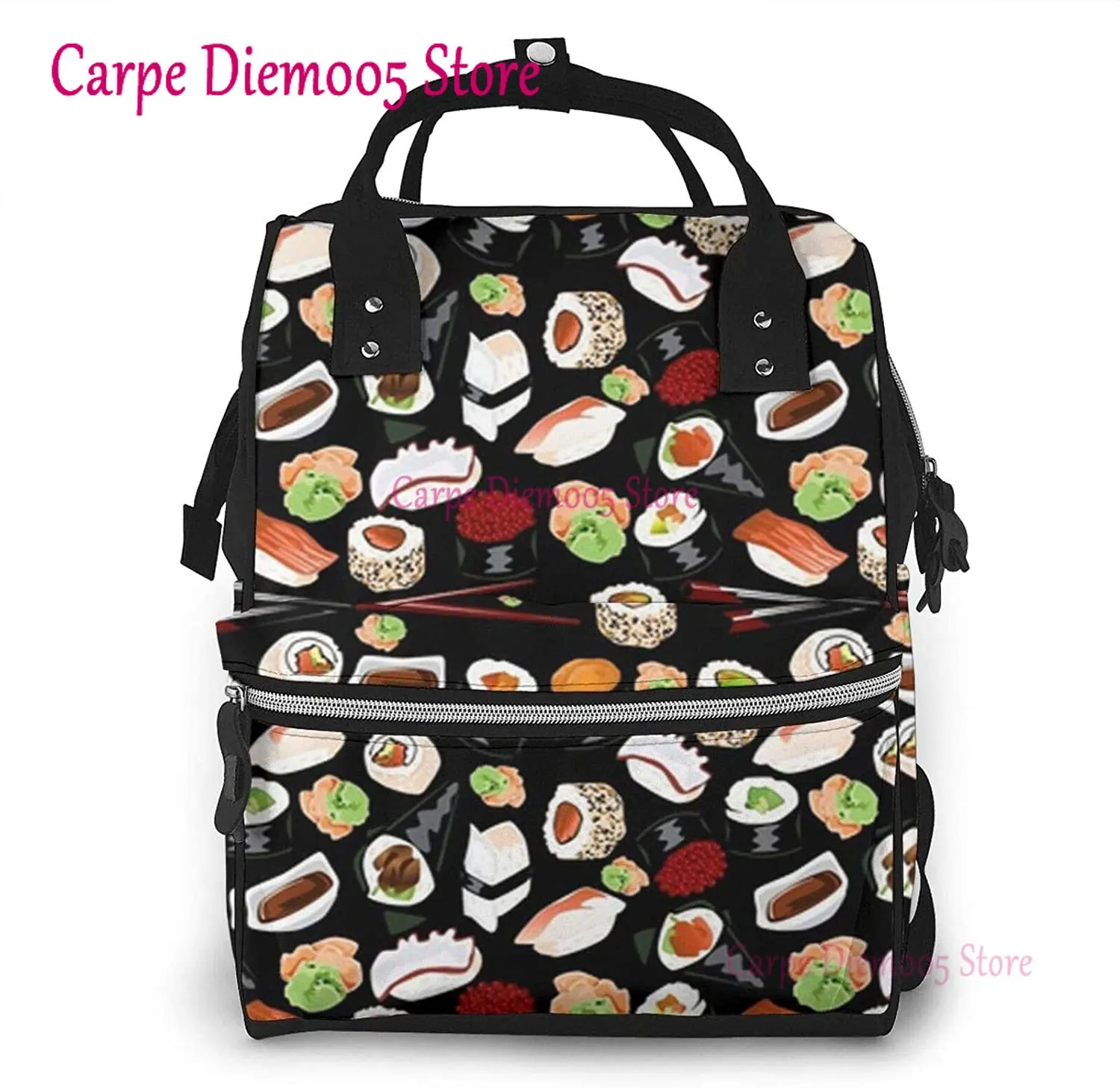 

Japanese Sushi Black Printed Mummy Backpack Diaper Bag Multi-Function Maternity Nappy Bags, Kid Bag with Laptop Pocket