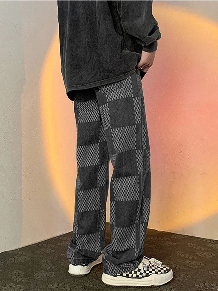 Men's Y2K Baggy Jeans Plaid Trousers Retro Style Y2K Jeans for Men with Super Large Plaid Street Style Baggy Denim Trousers