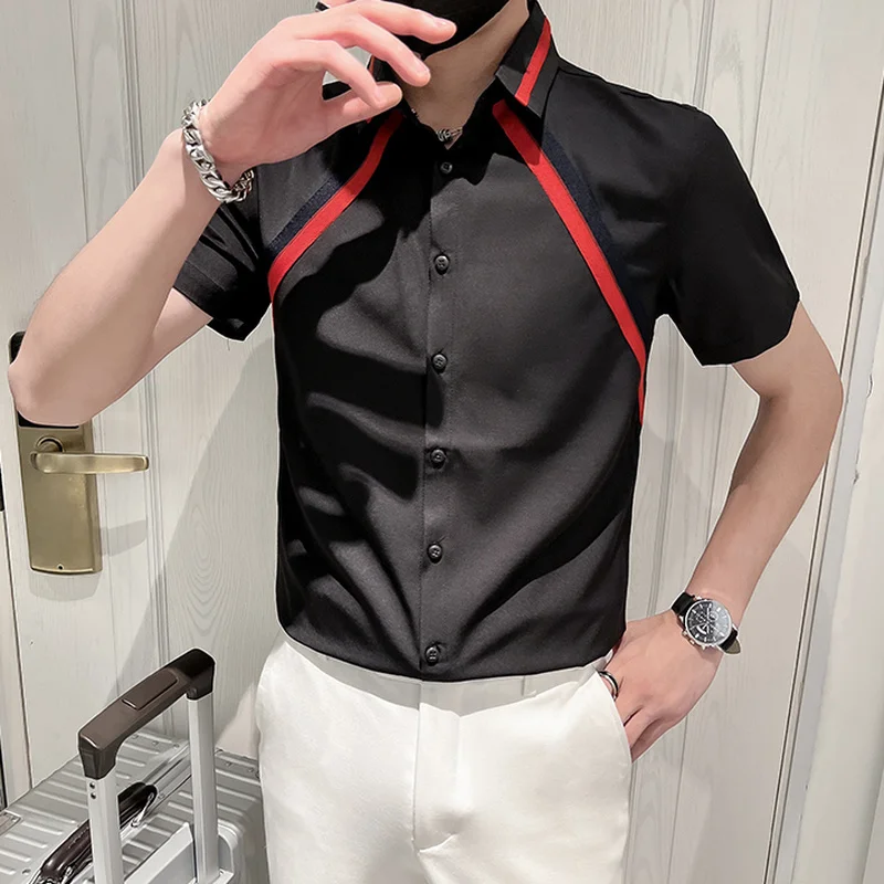 Summer Short Sleeve Shirts for Men Contrasting Colors Splicing Casual Slim Shirt Office Social Party Shirts Party Tuxedo Blouse