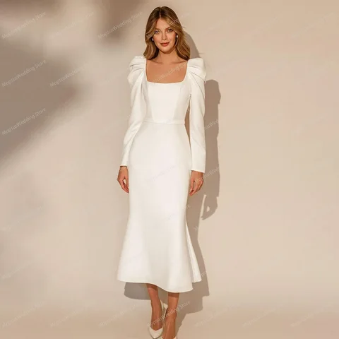 Simple Short Wedding Dress Mermaid Square Collar Puff Long Sleeve Ankle Length Elegant Bridal Gown Robe De Mariee Custom Made