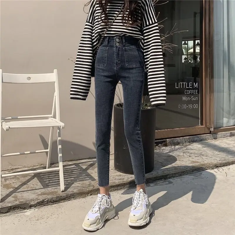 

Женские эластичные джинсы с завышенной талией, однотонные узкие брюки-карандаш из денима, модель B100 на весну и осень, 2022