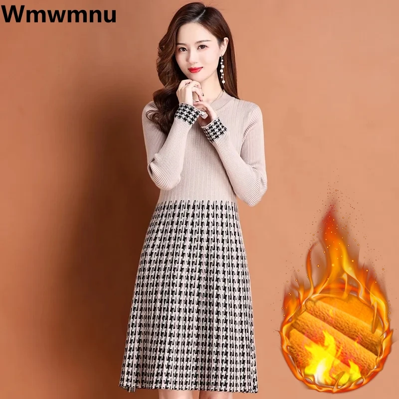

Thicken Velvet Lined Knitted Dress Patchwork Fake 2 Piece Dresses Korean Winter Sweater Vestidos Slim Knee-length Knitwear Robe