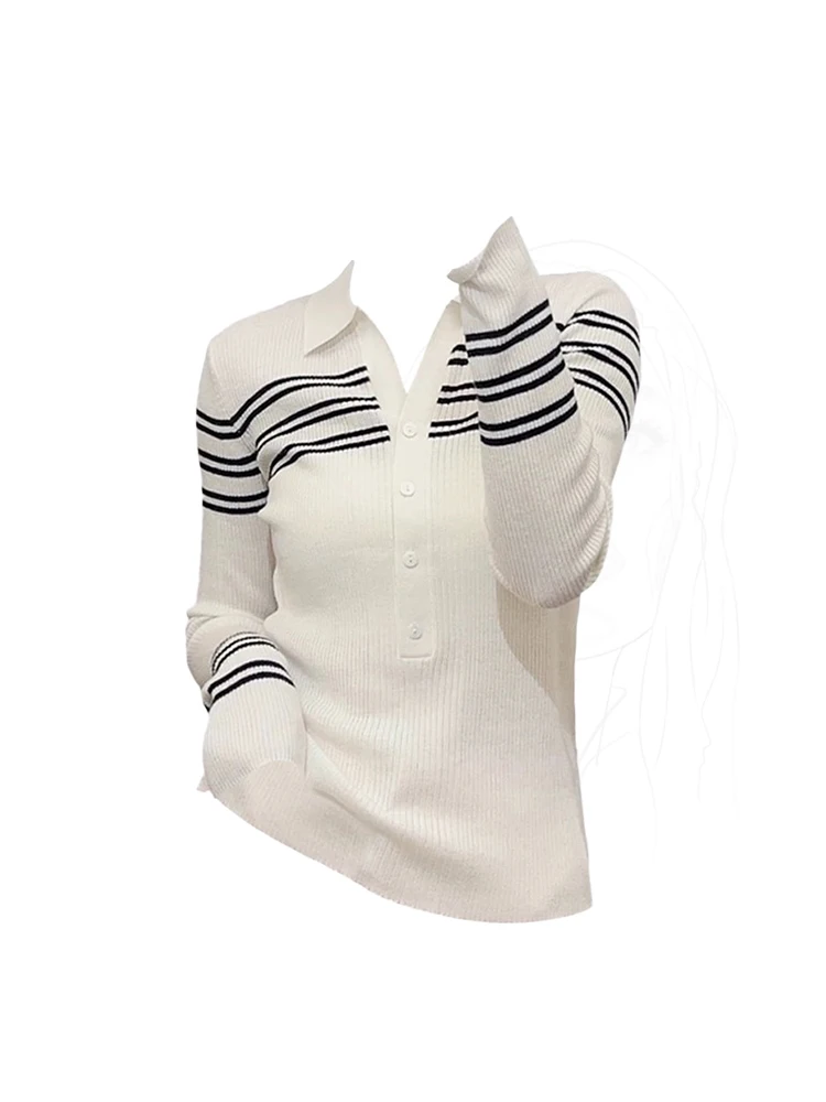 Женский бежевый полосатый пуловер свитер в стиле Харадзюку корейский Y2k с