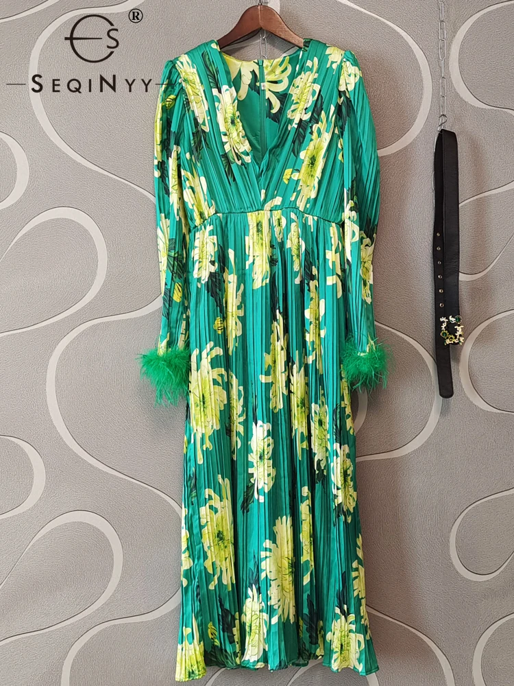 

Женское вечернее платье SEQINYY, зеленое модельное платье с винтажным цветочным принтом и плиссированными перьями, весна-лето