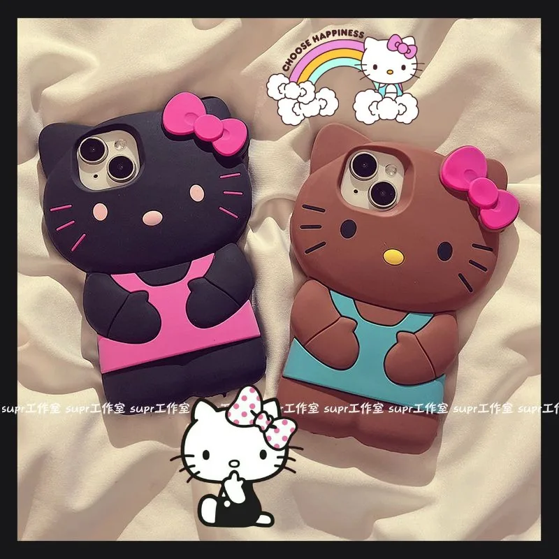 

Hawaii Black Leather Hello Kitty Phone Case Iphone11 12 13 14Promax Anime Cartoon Silicone Soft Case Kawaii Protective Case Gift