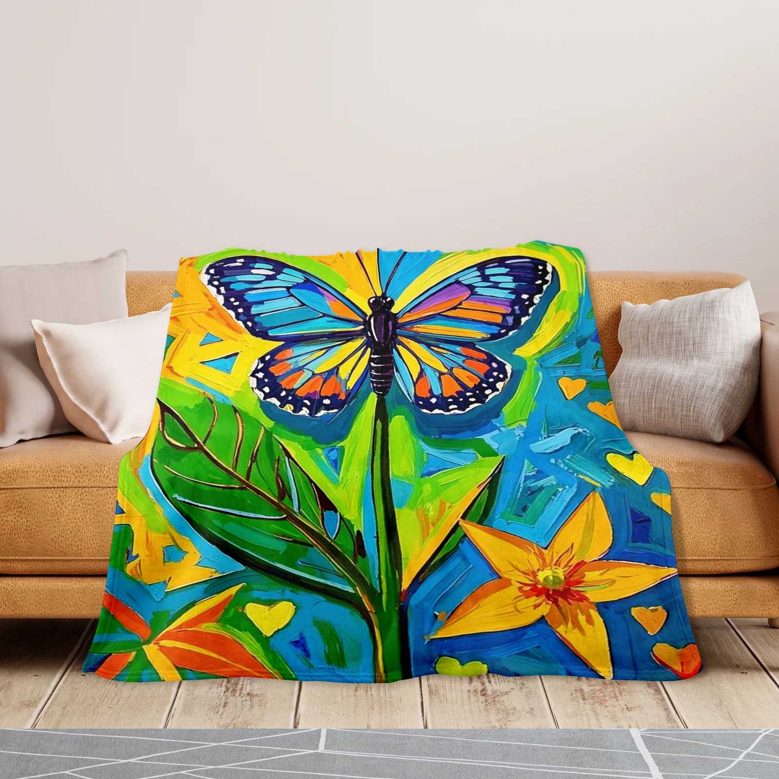 Кашемировый плед Butterfly Leaves Floral Yellow Blue