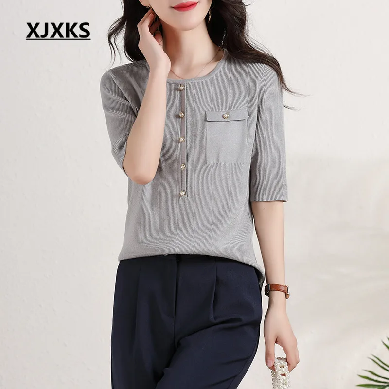 

Футболка XJXKS Женская эластичная, удобный трикотажный топ из льняной ткани с коротким рукавом, лето 2022