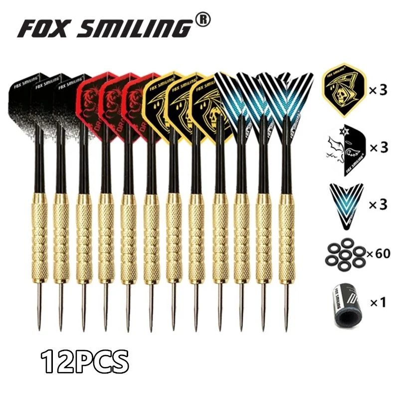 Fox Smiling-Dardos profesionales de punta de acero, Dardos de 12 piezas, 18g, con eje de nailon de aluminio con 9 piezas de vuelo, afilador de 1 pieza