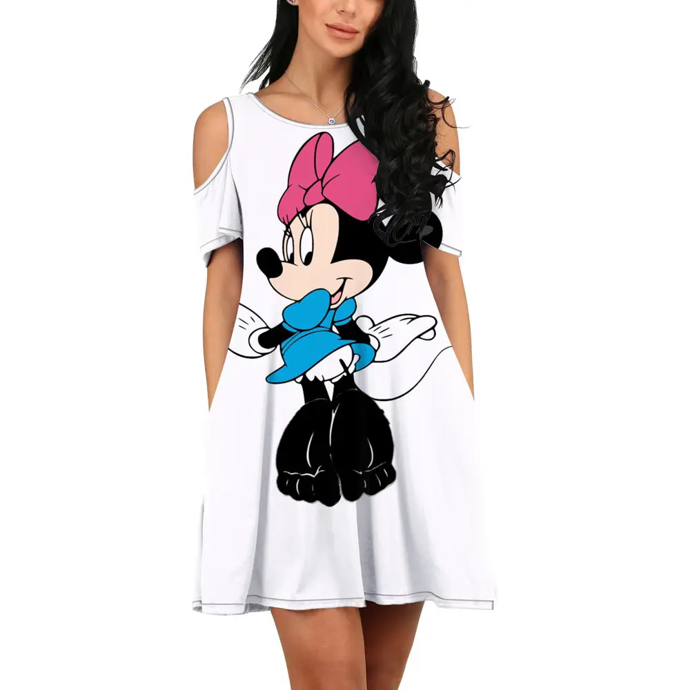 

New Nightclub Party Sexy Off-the-shoulder Disney Brand Mickey and Minnie Anime 2022 Summer Fashion Elegant Mini Slim Dress Y2K