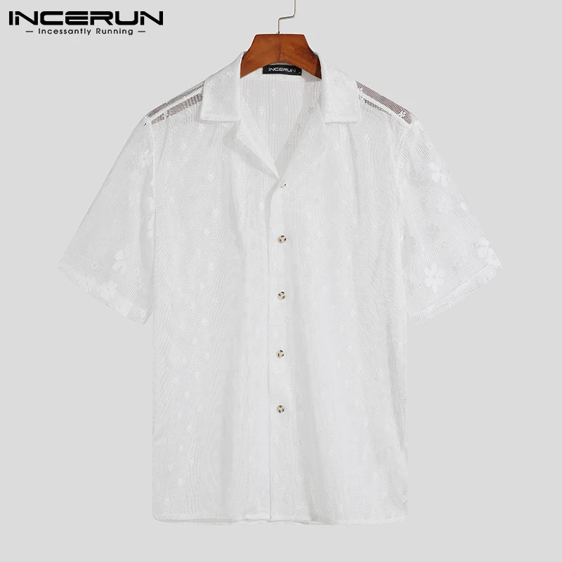 

INCERUN Men Lace Shirt Solid Color Lapel Half Sleeve Streetwear 2022 Mesh See Through Camisas Party Nightclub Men Clothing S-5XL