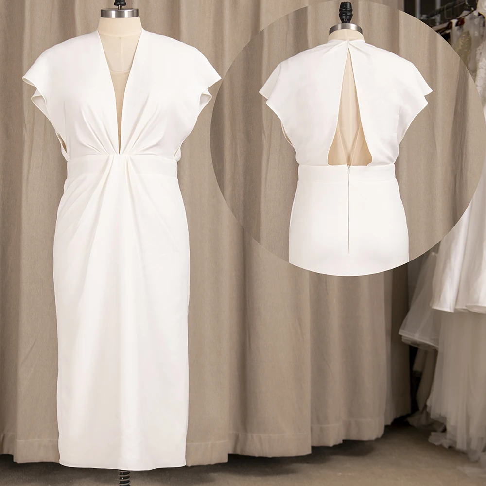 Платье свадебное атласное длиной до середины икры с V-образным вырезом - купить по