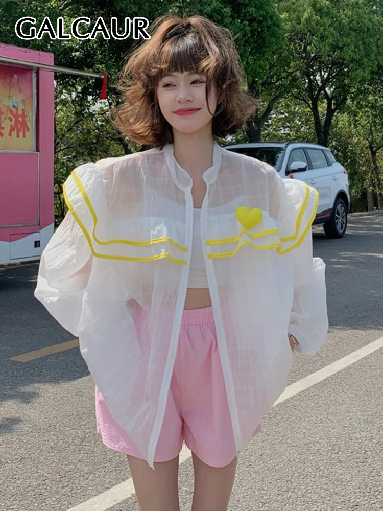 

GALCAUR Patchwork Ruffle Colorblock Jackets For Women Stand Collar Lantern Sleeve Zipper Coats Female 2022 Summer Clothing Style