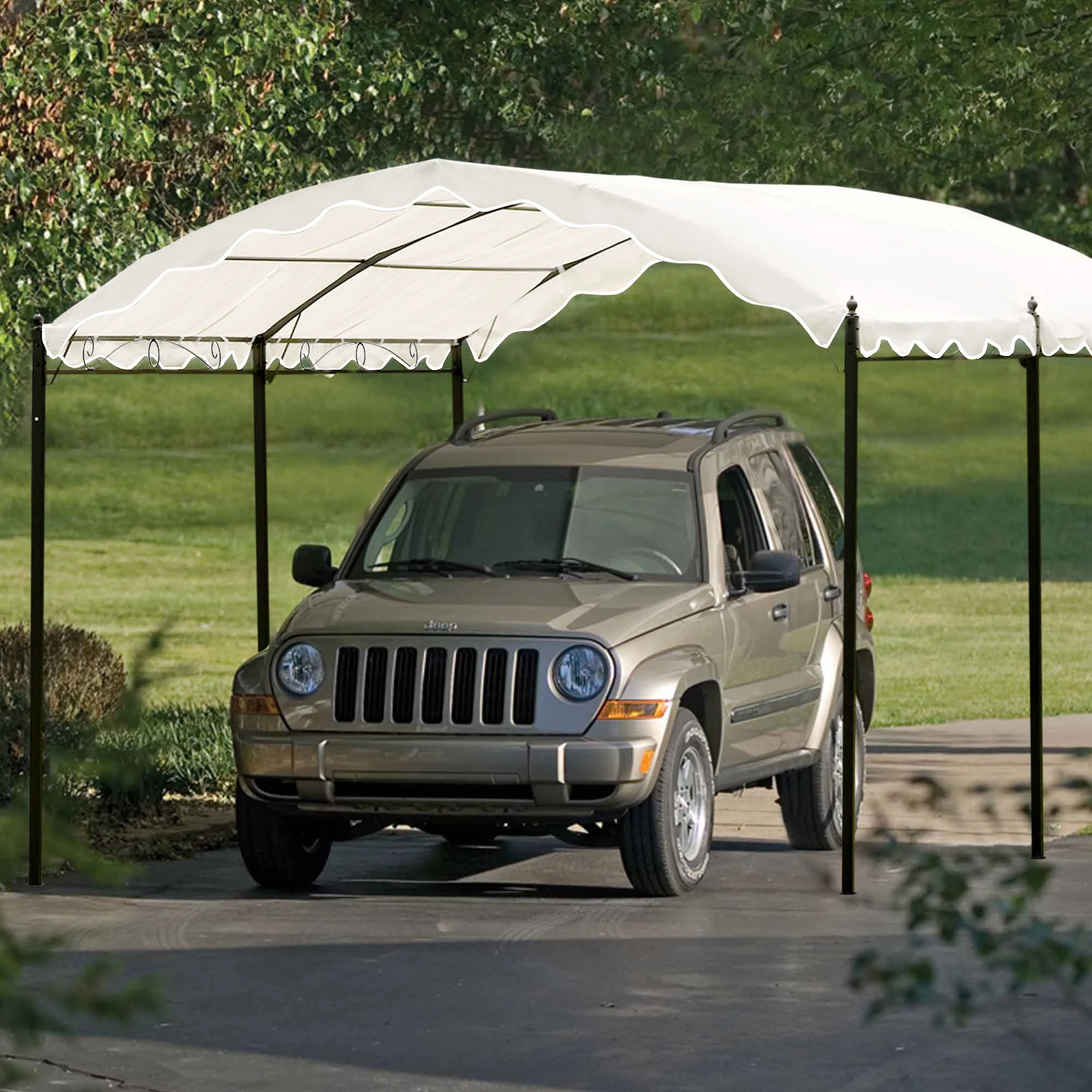 [Flash Sale]Outdoor Patio 13ft.Lx10ft.W Iron Carport Shelter Garage Tent Car Canopy Garden Storage Shed with Anchor Kit White