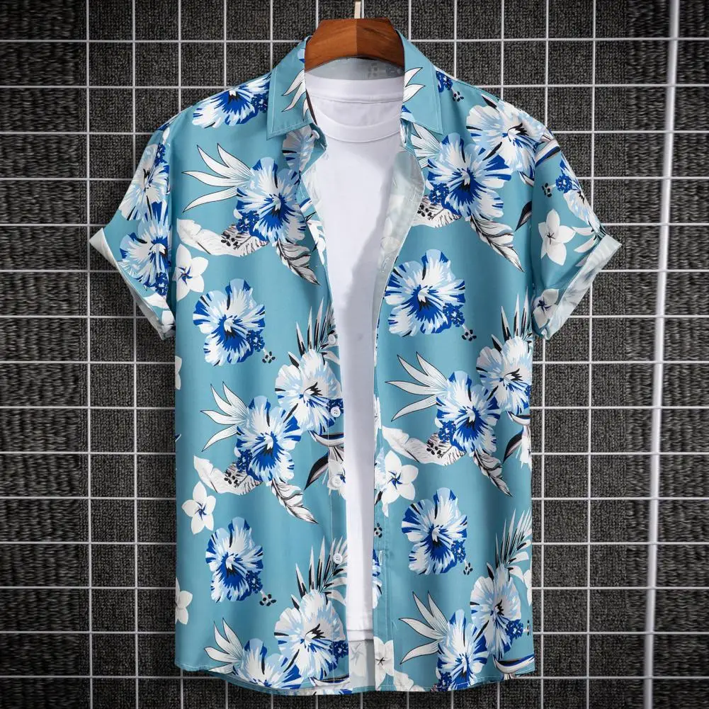 

Lapel Short Sleeve Men Shirt Buttons Closure Thin Casual Shirt Anti-pilling Summer Flower Printed Hawaiian Shirt Beachwear