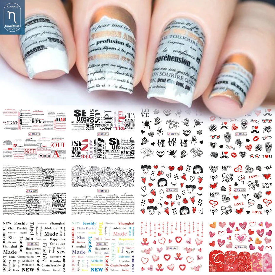 

12pcs Valentines Manicure Love Letter Flower Sliders for Nails Inscriptions Nail Art Decoration Water Sticker Tips