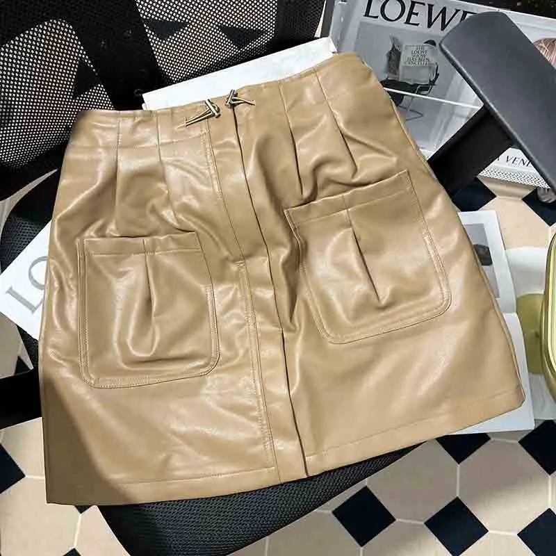 

Pu Double Pocket Mini Skirts Women Sexy Drawstring Elastic Waist Cargo Skirt Female Fashion Y2k H Line Short Faldas Mujer New