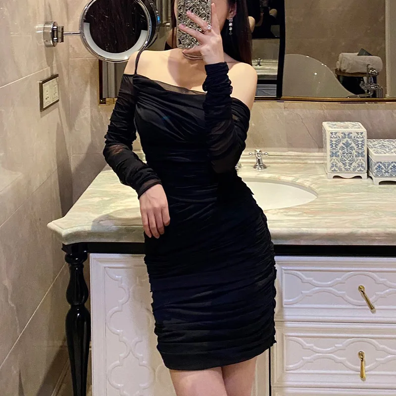 

22 Summer Sexy Folding Net Yarn Long Sleeved Hip Dress Women Irregular Strapless Wrapped Mini Dresses Zip Tighten Waist Dresses