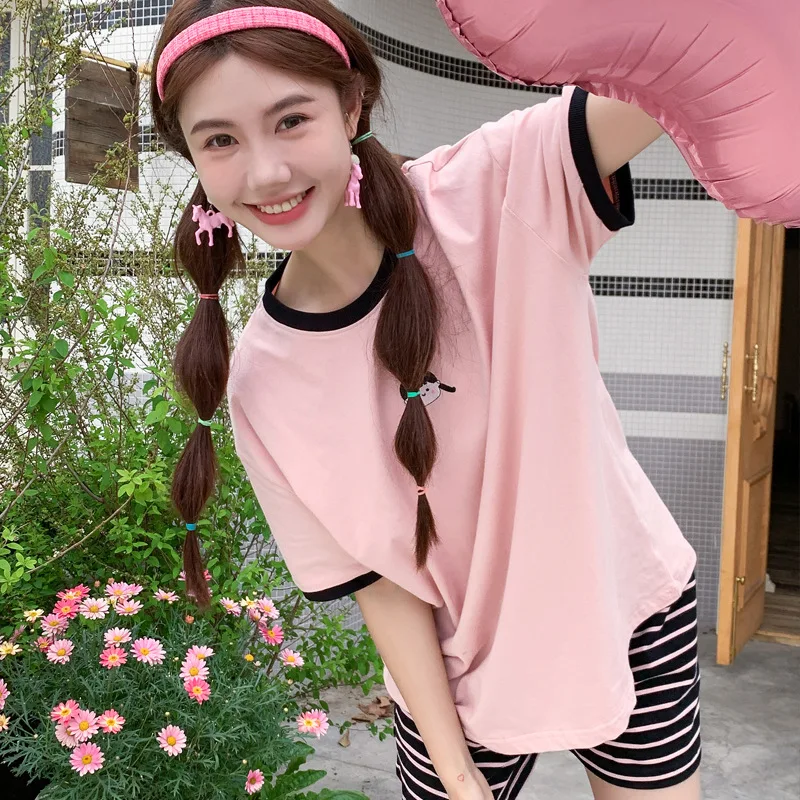 Women's Pajamas Summer Thin Section Cotton Loose Home Service Suitwith Round Neck Comfortable and Cute Literary Style Sleepwear