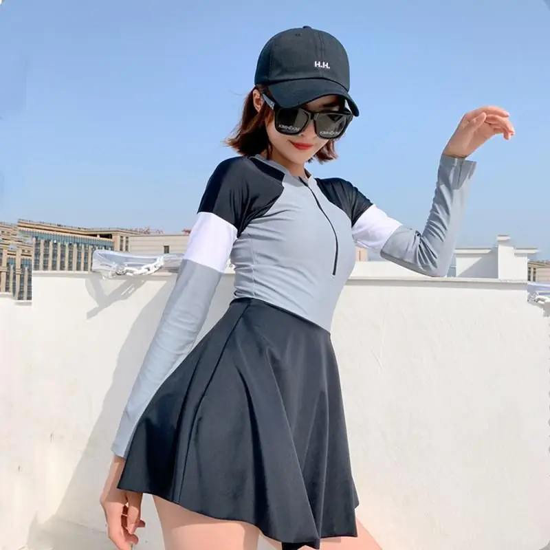 

LimonluckjSwimsuit Women Summer Slim High Waist Sports Long-sleeved Korean Large Size One-piece Cover Belly Student Swimwear