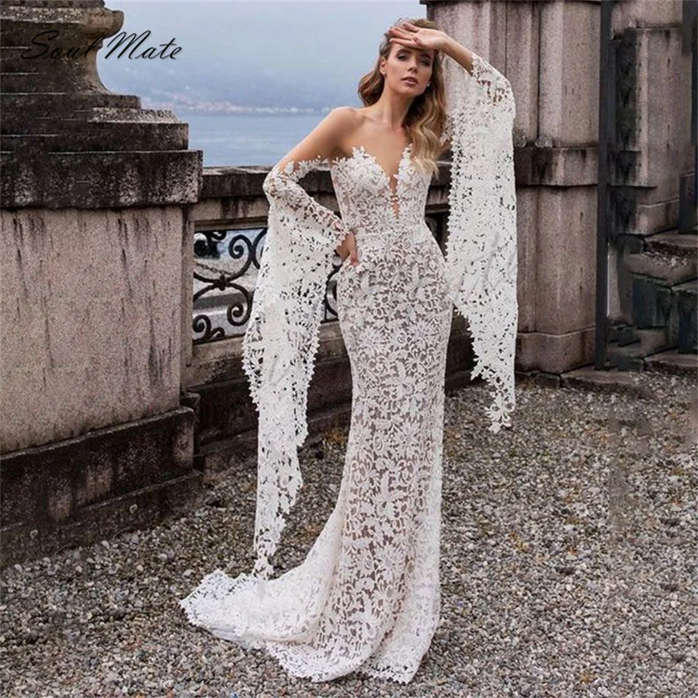 

Bohemian Chic Elegant Lace A Line Wedding Dress For Women V Neck Appliques Bridal Gown Backless Bridal Dress 2022 Robe De Mariée