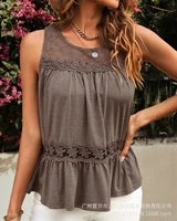 womens vest top summer fashion lace mesh solid color stitching vest womens fashion sleeveless round neck pullover vest