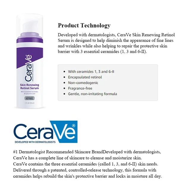 CeraVe Skin Renewing Retinol Serum Nightly Exfoliating Anti-Wrinkles & Smoothing Fine Lines Repair Skin Barrier Moisturizes 30ml 2