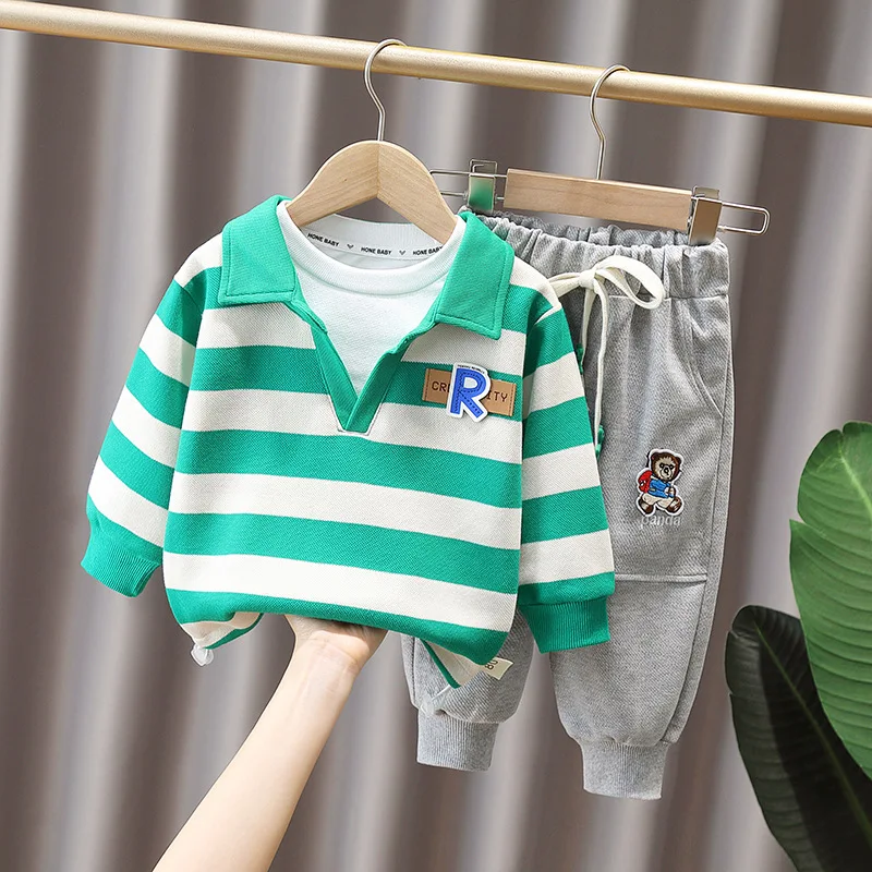 

Новинка 2022, комплекты детской весенне-осенней одежды для мальчиков, Повседневная Толстовка в полоску для малышей с отворотом и штаны с муль...
