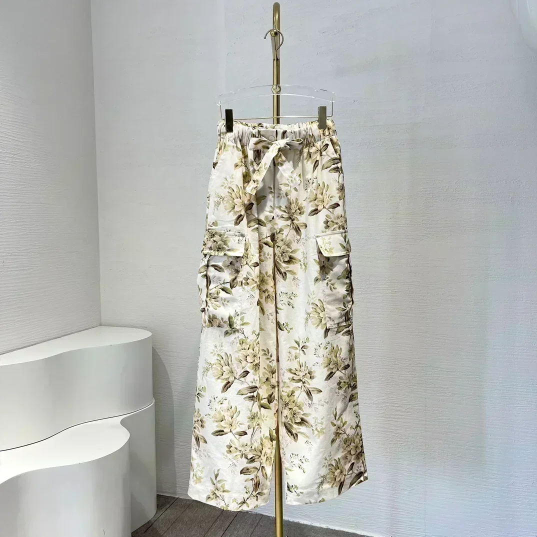 2024 New Collection White Green Floral Leaf Print Long Sleeve Turn Down Collar Blouse Tops and Wide Leg Pants Set for Holiday