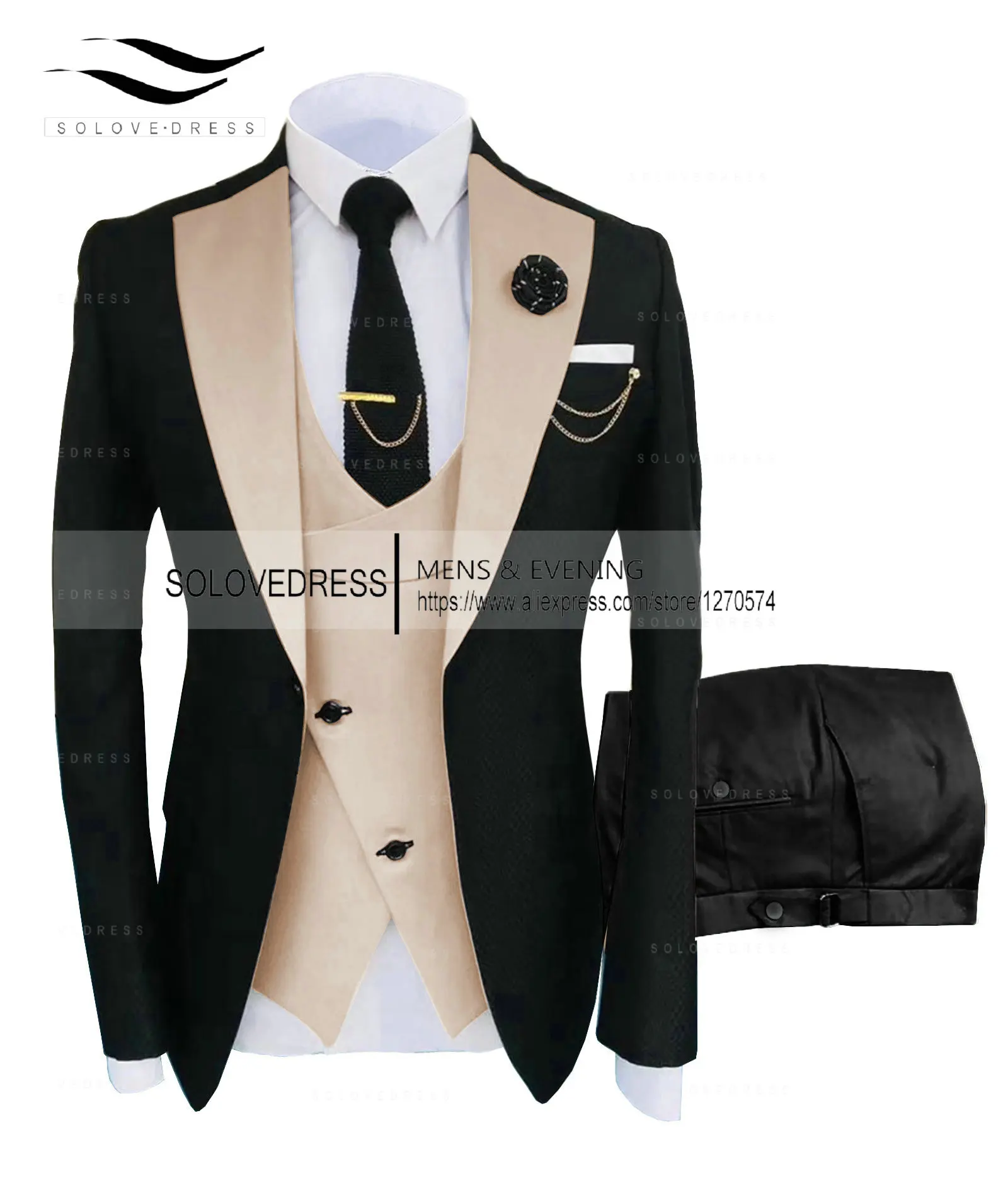 Traje Formal de negocios para hombre, traje de moda de 3 piezas, esmoquin color champán y Beige para novio, Blazer negro + pantalones negros + chaleco