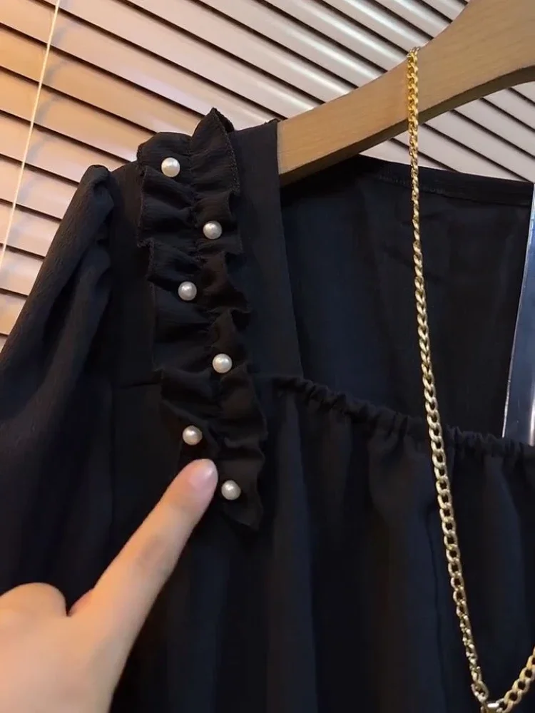 Блузка женская однотонная с квадратным вырезом и рукавами-фонариками